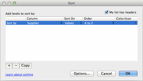 Sort dialog box